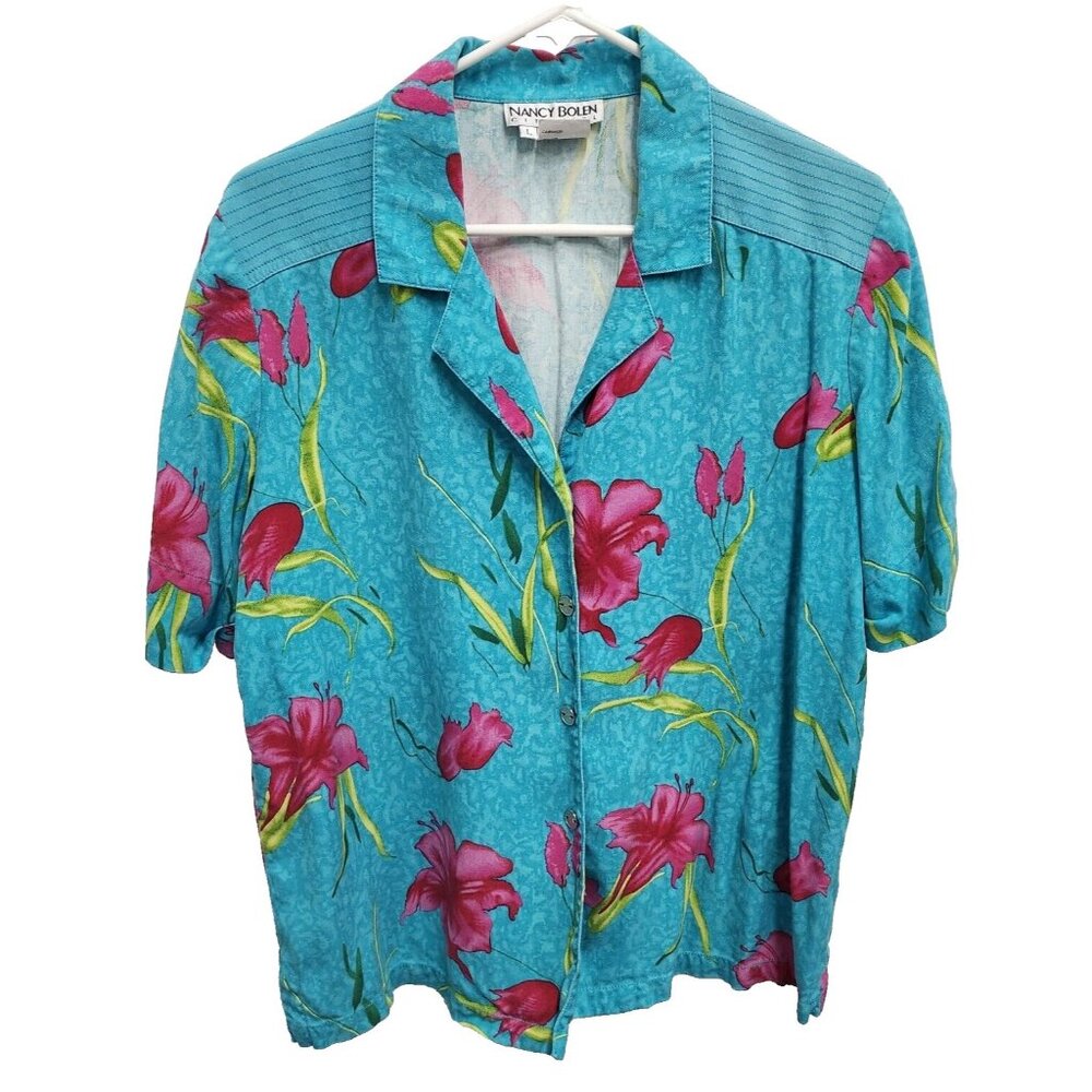 VTG Nancy Bolen City Girl Womens‎ Silk Shirt Large Blue Floral Tab Sleeve Resort
